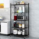 Multi Tier Kitchen Foldable Storage Rack with Movable Wheels – Black