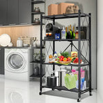 Multi Tier Kitchen Foldable Storage Rack with Movable Wheels – Black