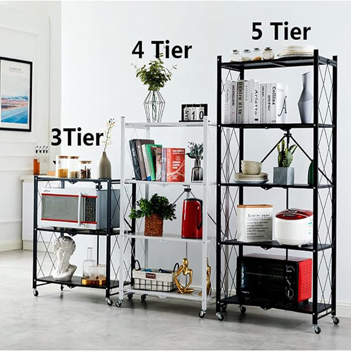 Multi Tier Kitchen Foldable Storage Rack with Movable Wheels – Black
